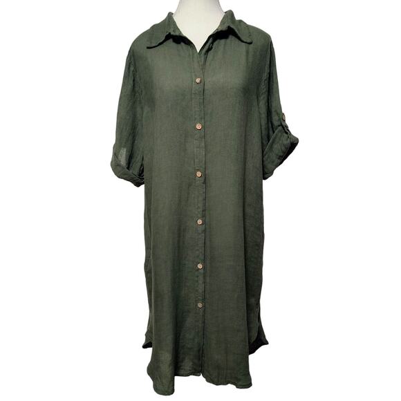 Artigli Dresses & Skirts - NWT Artigli Italy Linen Dress Medium Lagenlook Olive Green Roll-Tab T-Shirt Midi